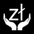 Hands and money currency Zloty Poland sign white on black background