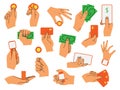 Hands with money. Minimalistic doodle arms holding coins or banknotes. Cash and credit card. Paying with smartphone