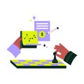 Hands Moving Chess Piece With Financial Chart And Document In Flat Vector Illustration Symbolizing Strategy, Finance Royalty Free Stock Photo