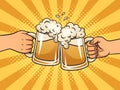 Hands with mugs of beer comic book pop art vector Royalty Free Stock Photo