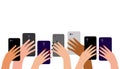 Hands of multicultural people with cell phones. Group of people men and women take photos, videos on smartphone. Record