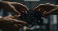 Hands of multiple individuals holding interconnected gears. The gears are dark,