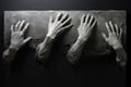 Hands of the mummy with a black cloth on a black background