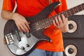 Hands of musician playing the bass guitar Royalty Free Stock Photo