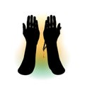 Hands of a Muslim who prays, the on a white background. For Hajj, Umrah, Ramadan, Arafat, Prayer. Vector illustration