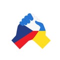 Hands with national flags of Ukraine and Czech Republic shaking each other as sign of peace