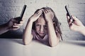 Hands of network addict parents using mobile phone neglecting little sad ignored daughter bored Royalty Free Stock Photo