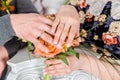 The hands of a newly-married couple with wedding rings Royalty Free Stock Photo