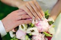 Hands of newlyweds on the background of wedding bouquet. Gold wedding rings on the finger of bride and groom, close-up. Concept Royalty Free Stock Photo