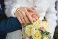 Hands newlyweds with a bouquet. Bouquet of white roses