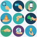 Hands with object icons set, Flat Design Vector illustration Royalty Free Stock Photo