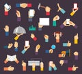 Hands with objects. Vector hands hold devices and tools