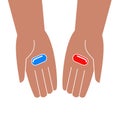 The hands offer a choice of a red or blue tablet. The concept of choice in life, alternatives, a reference to the matrix Royalty Free Stock Photo