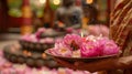 Hands with a plate of lotus flowers and incense in front of a Buddha statue on Vesak. AI Generated Royalty Free Stock Photo