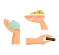 Hands offers sweetness with cake vector arm holding chocolate confectionery sweet confection seduction, no diet. not