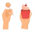 Hands offers sweetness with cake vector arm holding chocolate confectionery sweet confection seduction, no diet. not