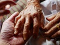 Hands of an old hard working woman on a hand of a younger man - care for elderly people Royalty Free Stock Photo