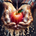 hands of an old man holding a red apple under a fountain of crystal clear and fresh water. Royalty Free Stock Photo