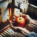 hands of an old man holding a red apple under a fountain of crystal clear and fresh water Royalty Free Stock Photo