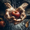 hands of an old man holding a red apple under a fountain of crystal clear and fresh water. Royalty Free Stock Photo