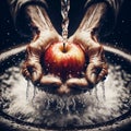 hands of an old man holding a red apple under a fountain of crystal clear and fresh water. Royalty Free Stock Photo