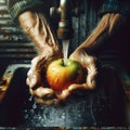 hands of an old man holding a red apple under a fountain of crystal clear and fresh water. Royalty Free Stock Photo