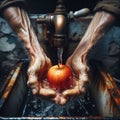 hands of an old man holding a red apple under a fountain of crystal clear and fresh water. Royalty Free Stock Photo