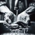 hands of an old man under a fountain of crystal clear and fresh water. Royalty Free Stock Photo