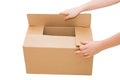 Hands open a cardboard box isolated Royalty Free Stock Photo