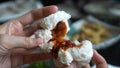 Hands open Chinese pork bbq bun dim sum bun before eating Royalty Free Stock Photo