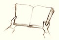 Hands opening book. Pencil drawing Royalty Free Stock Photo