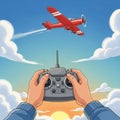 Hands operate a remote control, guiding a red model airplane through a clear blue Royalty Free Stock Photo