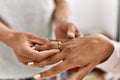 Hands of ouple on marriage proposal at the bedroom Royalty Free Stock Photo