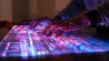 Hands over a neon-lit interactive digital table with touch-sensitive controls