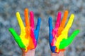 Hands painted in colorful paints ready for hand prints Royalty Free Stock Photo