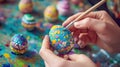 Hands painting colorful Easter eggs for celebration Royalty Free Stock Photo