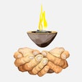 Hands or palms folded together. Magic candlestick hanging in the air. Beautiful sacral candle flame. Cartoon vector illustration