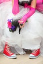 Hands of pank bride hold bouquet Royalty Free Stock Photo