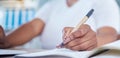 Hands, paper and writing of a woman at work and working on paperwork or documents at the office. Female business worker Royalty Free Stock Photo