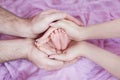 Hands of parents of dad and mom are holding in their hands the legs of a newborn baby Royalty Free Stock Photo