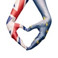 Hands patterned with the British and the European flag Royalty Free Stock Photo