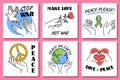 Hands peace cards. Doodle style peaceful posters with human arms and different love, freedom and ecological symbols, stop war Royalty Free Stock Photo