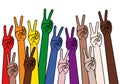 Hands with peace sign, victory symbol, diversity concept, rainbow colors, vector Royalty Free Stock Photo