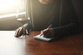 Hands with pen and glass of wine writing Royalty Free Stock Photo