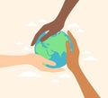 Hands of people of different ethnicities holding planet Earth. Vector illustration Royalty Free Stock Photo