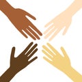 Hands of people of different races and nationalities with black brown white yellow red color skin together as symbol of equality Royalty Free Stock Photo