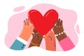 Hands people of different races and nationalities reach for heart symbolizing mercy and charity