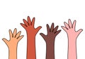 Hands of people of different races raised up. concept of choice and condemnation of racism.