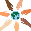 The hands of people of different skin colors are drawn to the planet Earth