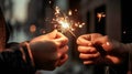 Hands of people holding sparklers on dark Christmas night. Generative AI Royalty Free Stock Photo